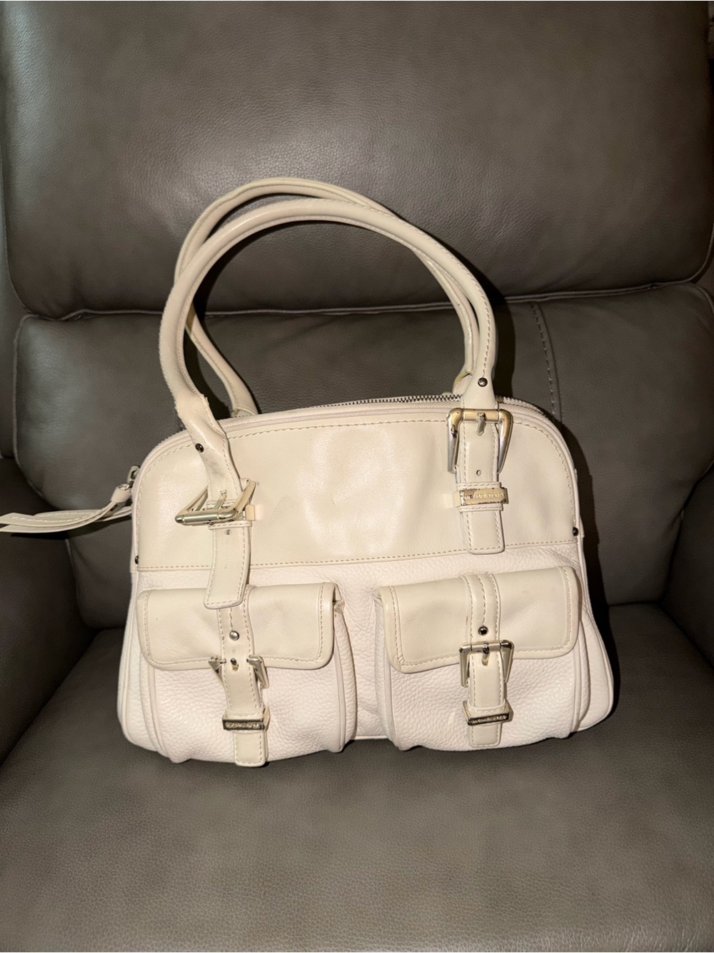 Michael Kors Vintage Pebbled Leather Satchel Ivory Winter White Multi-Pocket Bag